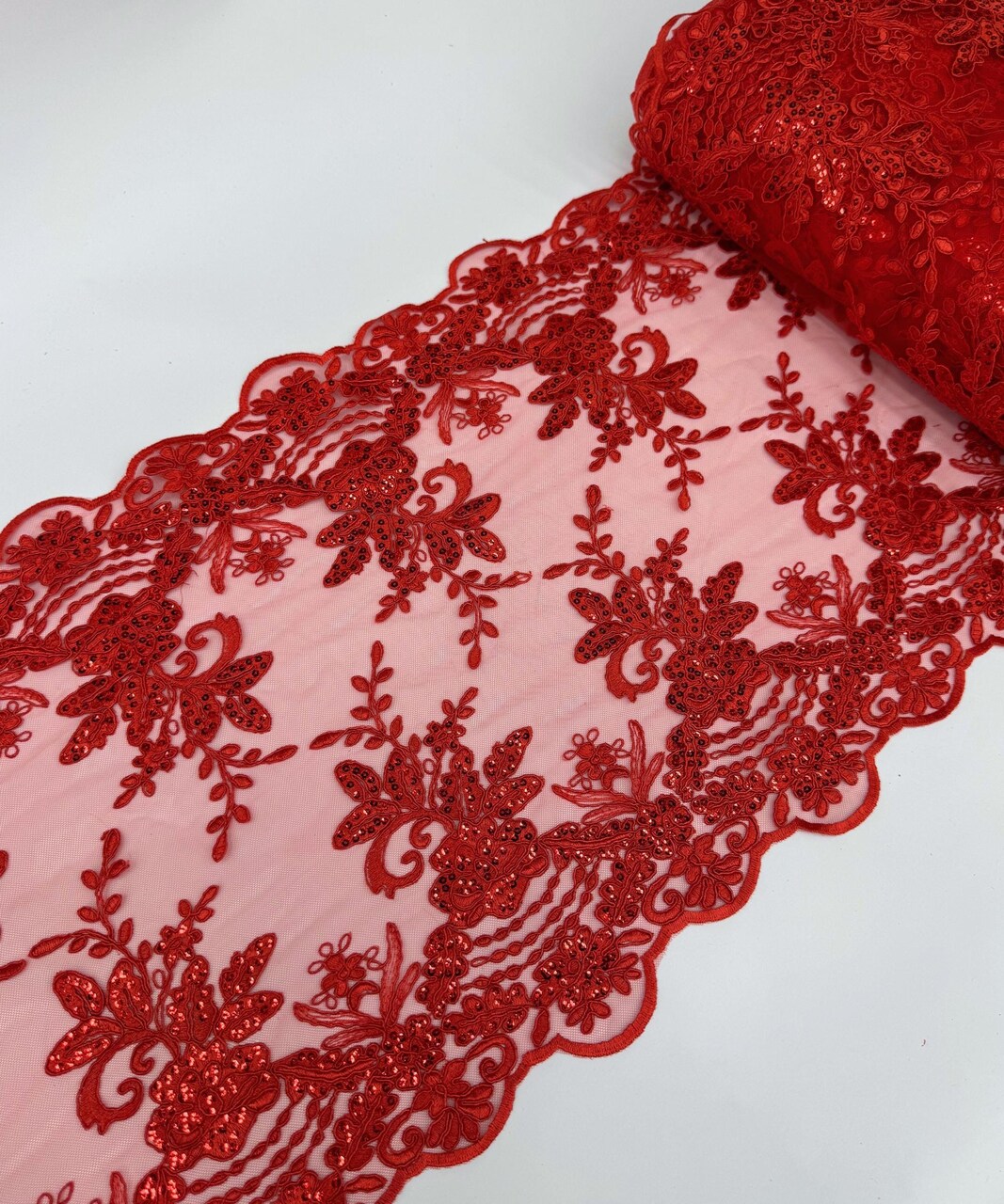 Red Floral Embroidered Lace Table Runner by the Yard, 14" Wide Sequin Mesh Lace Trim with Scalloped Edges